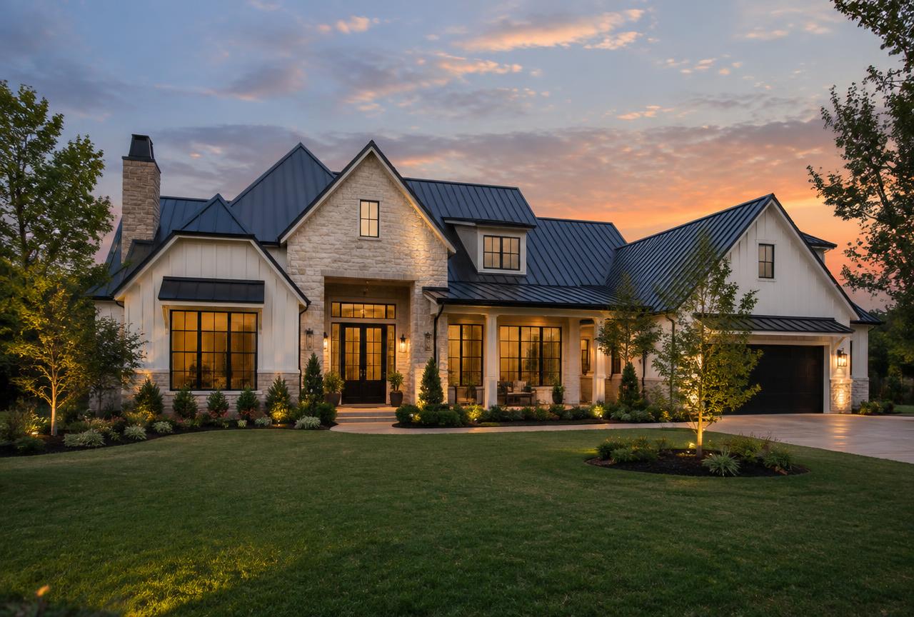 Newly completed custom home with stone and siding exterior in North Texas at dusk